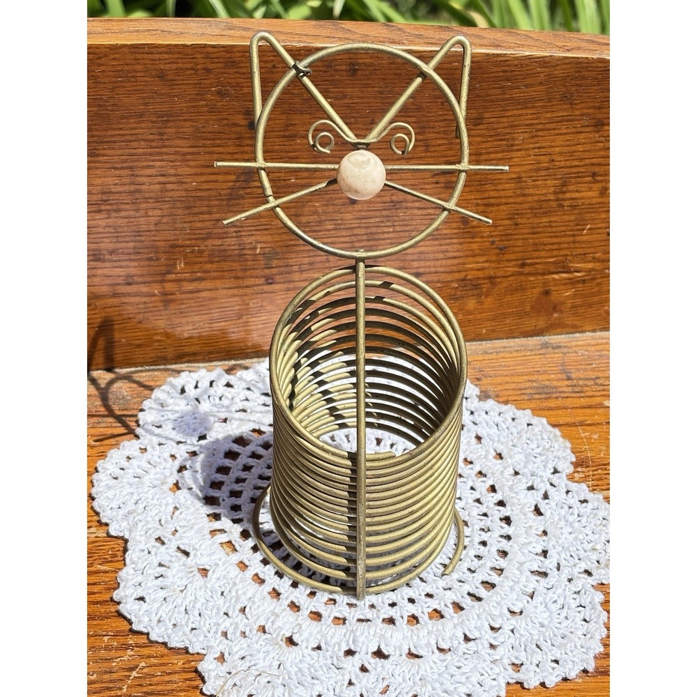 Vintage Mid Century Gold Coil Cat Shape Letter Holder Gold Tone Coil Cat
